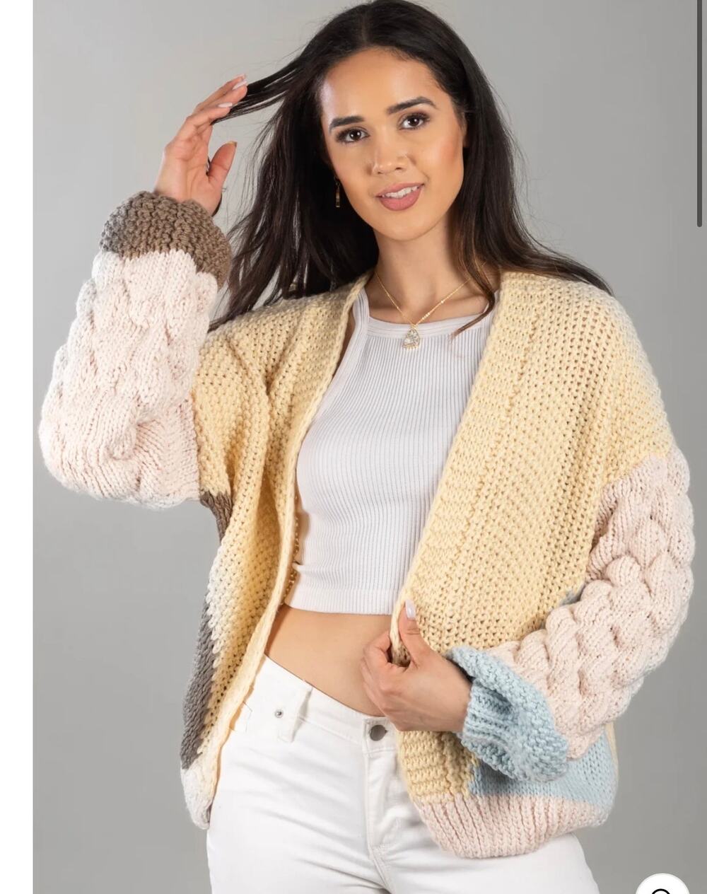 SAACHI Chunky Knit Hand Crocheted Pastel Cardigan Yellow Tan Brown Blue One size